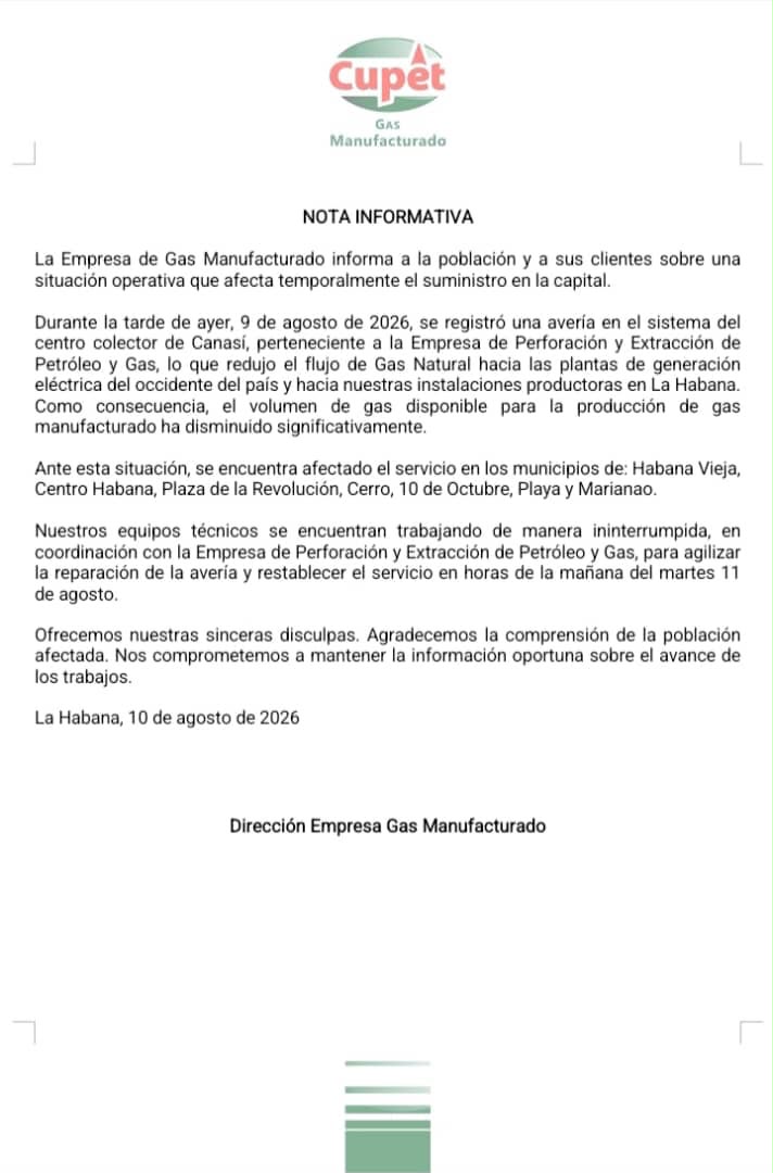 Avería en Canasí afecta suministro de gas manufacturado en La Habana